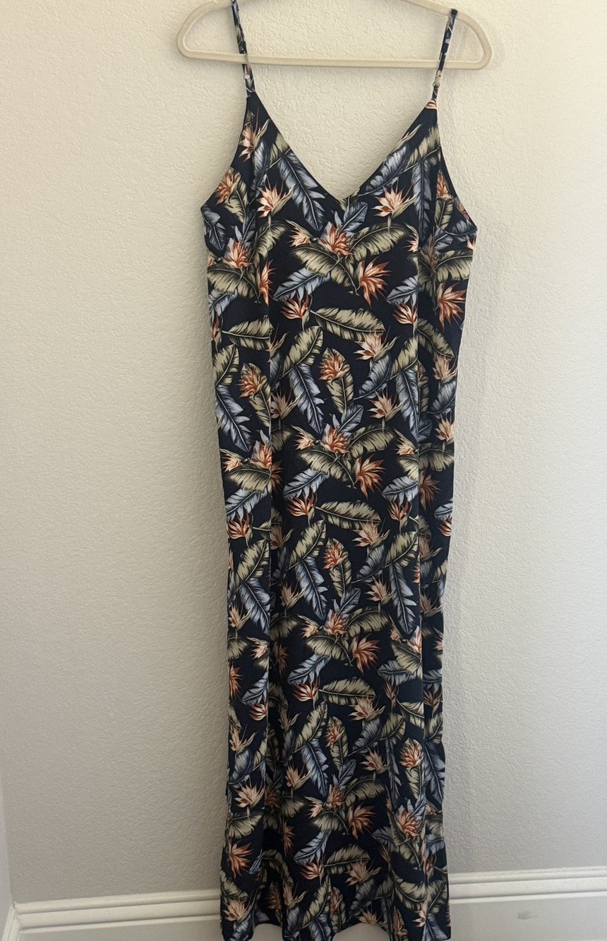AURA Dress Womens Size M Navy Sheath Maxi Tropical Floral Sleeveless V-Neck